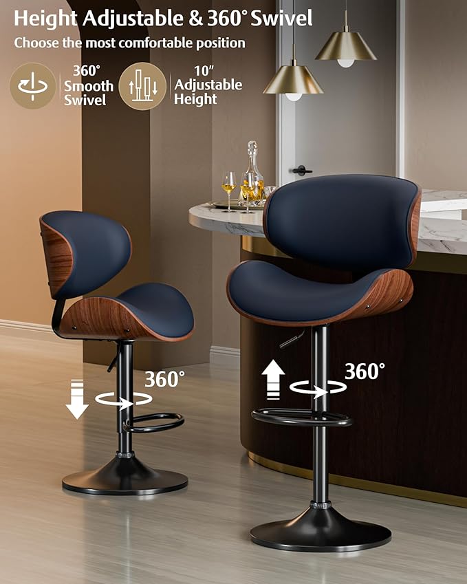 Aowos Bar Stools Set of 2, Adjustable Swivel Leather Bar Stools for Kitchen Island, Mid Century Modern Counter Height Bar Chairs Barstools with Back & Footrest (Blue)