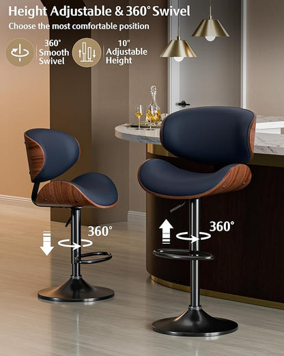 Aowos Bar Stools Set of 2, Adjustable Swivel Leather Bar Stools for Kitchen Island, Mid Century Modern Counter Height Bar Chairs Barstools with Back & Footrest (Blue)