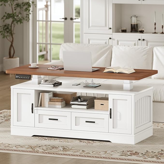 SEDETA 47.2" Electric Standing Coffee Table with Storage, Farmhouse Lift Top Coffee Table with Drawers and Open Shelves, Height Adjustable Tables with Power Outlet, for Living Room, White