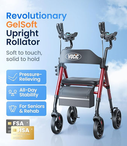 VOCIC Walkers for Seniors, Upright Walker with Adjustable Armrests, Z22 GelCool Stand Up Walker with Ergo Seat & Backrest, 8" All Terrain Rollator with 300lb,Cup& Cane Holder