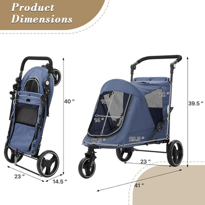 Athena Collection 3 Wheels Pet Stroller Fabric Dog Cart Dog Stroller for Large Dogs 55 Lbs Pet Stroller with Mesh Windows, Zipper Back Pocket, Safety Tether, Angle Adjustable Handlebar, Navy Blue