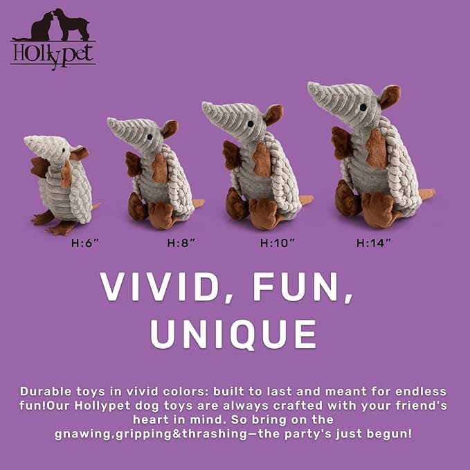 Hollypet Plush Dog Squeaky Toy Stuffed Armadillo Animal Pet Puppy Chew Toys with Clean Teeth for Small Medium Large All Breed Sizes Dogs, Light Gray, 8 in