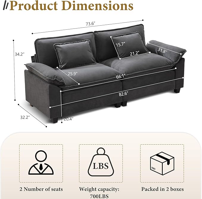 URRED Modular Sectional Sofa Comfy Cloud Couch, Modern Velvet Sofa Sleeper Deep Seat Couches with Ottoman/Pillows for Living Room (Dark Gray, 82.6'')