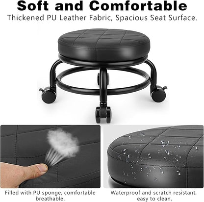 Low Roller Stool Low Height Rolling Stool Seat PU Leather Small Chair Foot Stool Round Rolling Stools for Home Office Garage Shop (Black)