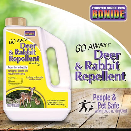 Bonide Go Away! Deer & Rabbit Repellent Granules, 3 lb. Ready-to-Use, Deter Deer from Garden, Flowers & Plants
