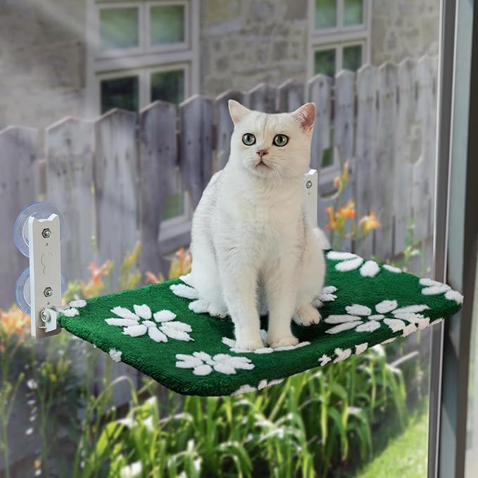 Cat Window Perch, Foldable Cat Window Hammock with Cute 3D Textured Flower Cover and Strong Suction Cups, Cordless Window Seat Bed for Indoor Cats (Green Flower, Large)