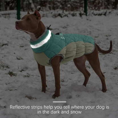 FUAMEY Dog Coat for Large Dogs,Waterproof Dog Winter Jacket with Harness Built in Puppy Cold Weather Coats Reflective Pet Vest with Zipper Warm Fleece Dogs Snowsuit Windproof Mint Green L