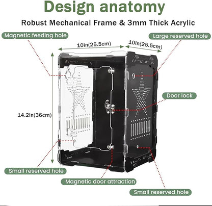Acrylic Terrarium 14x10x10 Inch – Front Opening Reptile Enclosure with Magnetic Feeder – Escape-Proof Habitat for Arboreal Tarantulas, Scorpions & Geckos