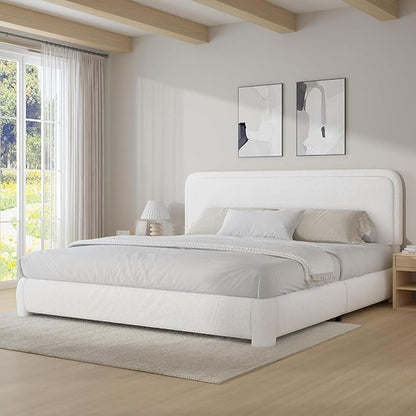 BarnFurin Boucle Upholstered Bed Frame King Size/Cloud Bed Frame/Soft Rounded Corners Headboard/Low Profile/No Box Spring Needed/White