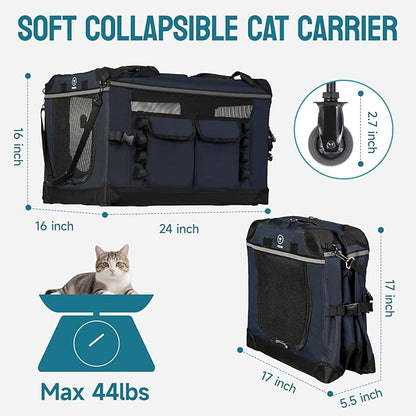 24-inch Foldable Cat Carrier with Removable Wheels – Large Pet Travel Carrier for Cats & Small Dogs, Breathable & Sturdy for Car Rides (Holds up to 44lbs)