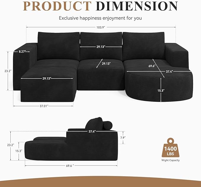 Boneless Couches for Living Room 104",Modular Sectional Sofa with Ottoman,Cloud Couch in a Box,Sponge Compression U Shaped Sofas with Chaise No Assembly Required(Black-Corduroy Fabric) 1pcs