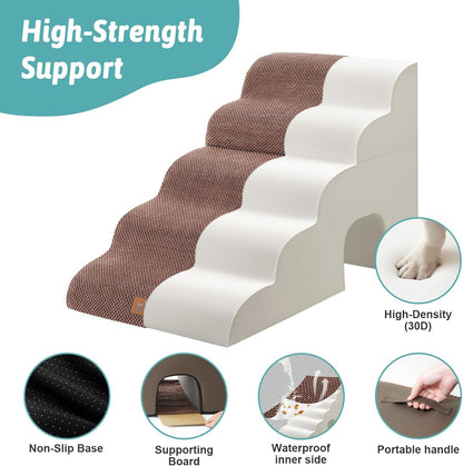 Wide Dog Stairs with Tunnel, Foam Detachable Large Dog Step for Small Pet, Puppy or Cats, Medium Pet Ramp for High Bed, Couch, Sofa or Car, 19.7x33x22.4 inch, 5 Step, Brown