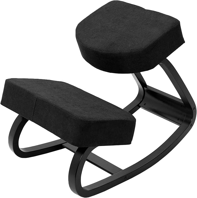 DRAGONN by VIVO Wooden Rocking Kneeling Chair, Ergonomic Rocker Stool for Home and Office, Angled Posture Seat, Black Frame, Black Cushions, DN-CH-K04RB