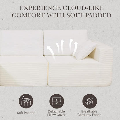 108” Modular Sectional Sofa Couch with Ottoman, 3-Seater Boneless Couch, L Shape Sectional Sofa Compressed Sofa for Living Room Bedroom, No Assembly Needed (White, 3 Seats+1 Ottoman)