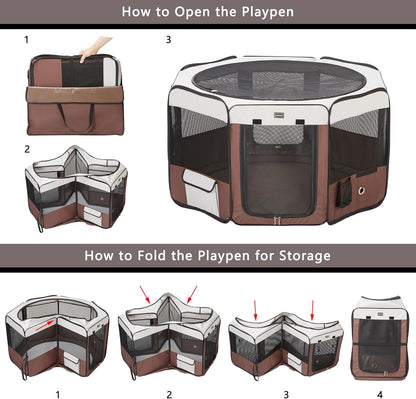 DONORO Dog Playpen Portable Pet Play Pens for Small Dog/Cat/Rabbit/Chicks, Cat Playpen Indoor/Outdoor with Carring Case, Removable Zipper Top and Bottom (Brown, Small (28"x28"x14"), 8)