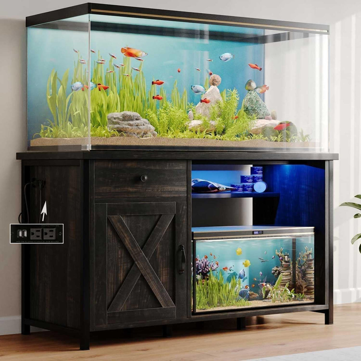 4ever2buy 55 Gallon Fish Tank Stand with LED Light & Power Outlets, 55-75 Gallon Aquarium Stand with Drawer & Barn Door, Cabinet for Fish Tank Accessories Storage for Reptile Tank, Turtle Tank, Oak