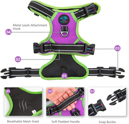 PHOEPET 2019 Upgraded No Pull Dog Harness, Reflective Adjustable Vest, with a Training Handle + 2 Metal Leash Hooks+ 3 Snap Buckles +4 Slide Buckles(S, Purple)