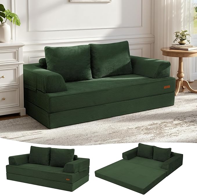 COMAX Convertible Sofa Bed, Folding Floor Couch Corduroy Fold Out Couch Bed Futon Sleeper Mattress with Pillows, Boneless Sofa Comfy Lounge Loveseat for Living Room Bedroom, Green