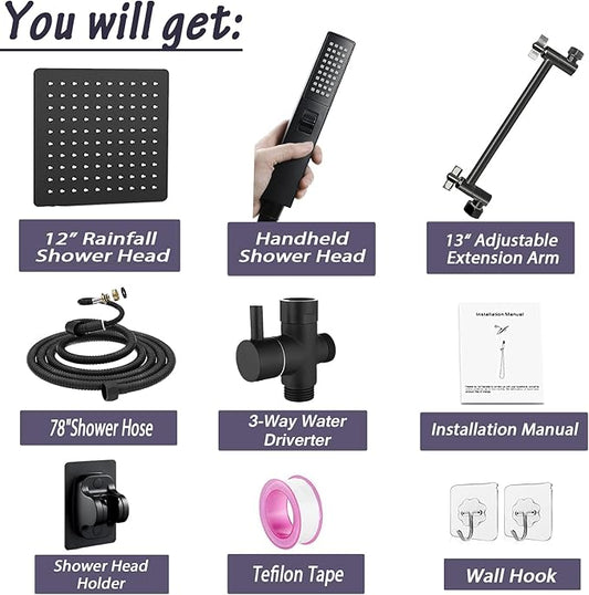 12" High Pressure Square Rain Shower Head and 2-in-1 Hand Shower, Rainfall