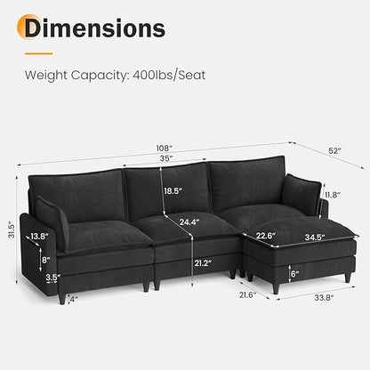 Apicizon 108" Cloud Couch Sectional, L Shaped Cloud Sofa with Side Storage Pocket, Modern Corduroy Sofa Set for Living Room, Office, Black