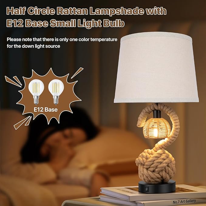 22" Rope Lamps for Night Stands, Dual-Lights Bedside Lamps Set of 2, Boho Table Lamps for Living Room, 3-Color Temperatures Boho Lamp with Rotary Switch, Rattan Lamp with USB Ports, 4 Bulbs Included