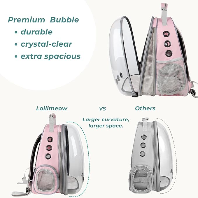 Lollimeow Cat Carrier Backpack, Bubble Expandable Backpack Carrier, Pets and Small Dogs,Airline-Approved, Designed for Travel, Hiking, Walking & Outdoor Use (Front Expandable-Pink)