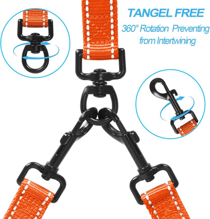 PetBonus Double Dog Leash, No Tangle Dual Leash, Reflective Walking Training Lead, 4 Comfortable Padded Handles for 2 Dogs with Collapsible Bowl and Waste Bags (Orange, Large)