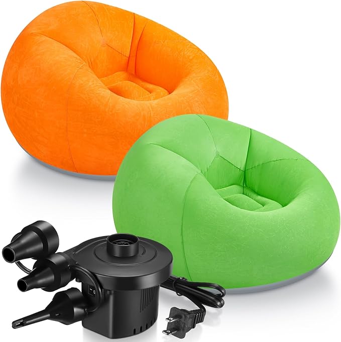 Realspring 2 Pcs Inflatable Bean Bag Chairs with Electric Air Pump Outdoor Blow up Chair Inflatable Lazy Sofa Folding Portable Loungers Couch for Living Room Bedroom(Orange, Green)