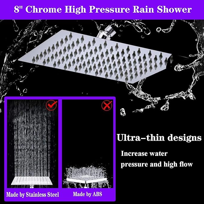 8"High Pressure Square Rain Shower Head and 2-in-1 Hand Shower.Equipped