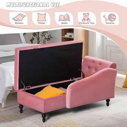 ACMEASE Upholstered Velvet Chaise Lounge with Left Armrest & Storage Space,Button Tufted Lounge Chair w/Lumbar Pillow,Modern Lounge Chair for Bedroom, Living Room and Office,Pink