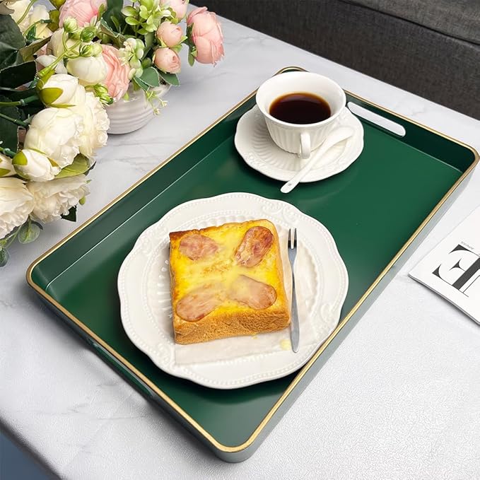 Rectangular Decorative Tray, Plastic Serving Trays with Handles, Coffee Table Tray for Ottoman, Living Room, Kitchen, Home Decor 15.7” x 10.2” x1.37”(Green)