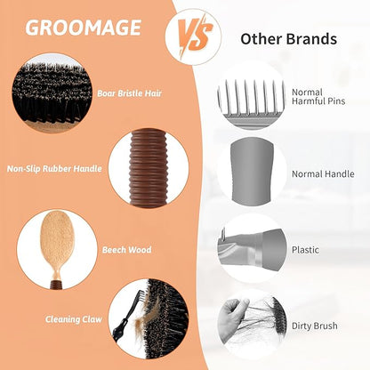 Boar Bristle Pet Brush for Short Haired Dogs and Cats, Dog Cast Hair Brush for Shedding with Beech Wood Handle and Non-Slip Rubber