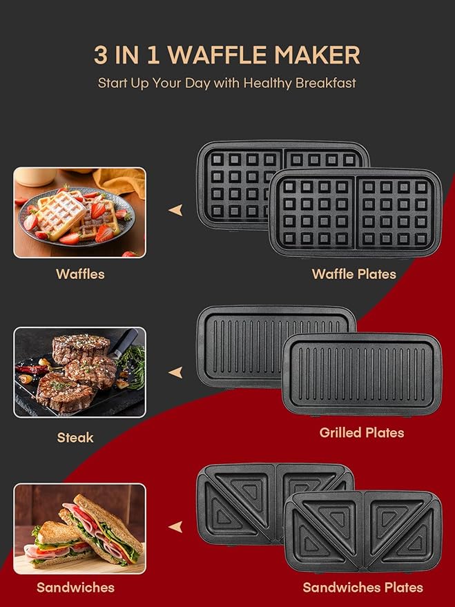 FOHERE Waffle Maker 3 in 1 Sandwich Maker 1200W Panini Press
