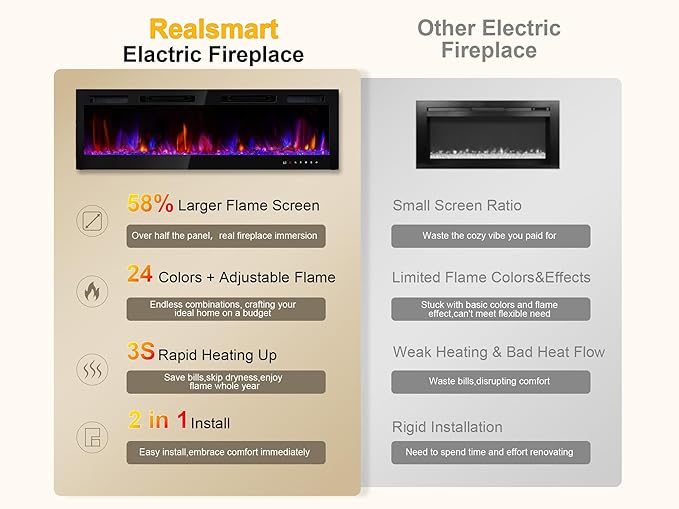 70" Electric Fireplace Realsmart Wall Mounted and Recessed 1500W Fireplaces