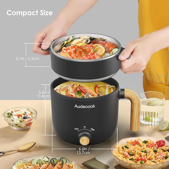 Audecook Hot Pot Electric with Steamer, 1.5L Portable Nonstick Rapid Noodles