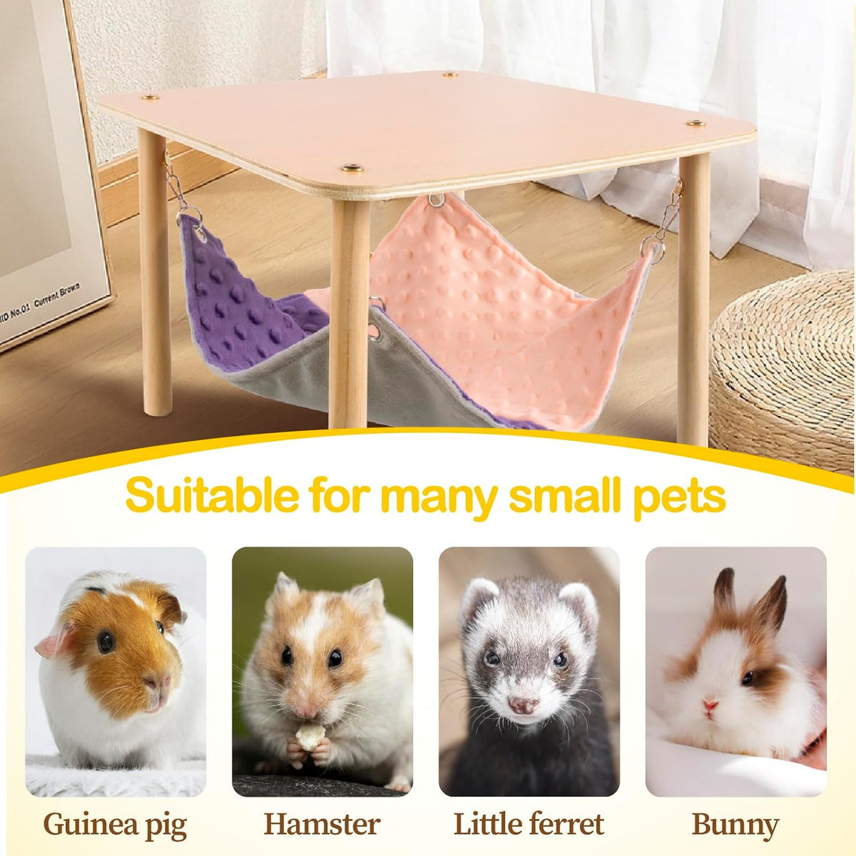 Enlarged Guinea Pig Hammock with Wooden Stand,Small Animal Hanging Bed Large Platform for Guinea Pigs Bunny Ferret Hamster Hiding Sleeping 13L x 13W x 11H in