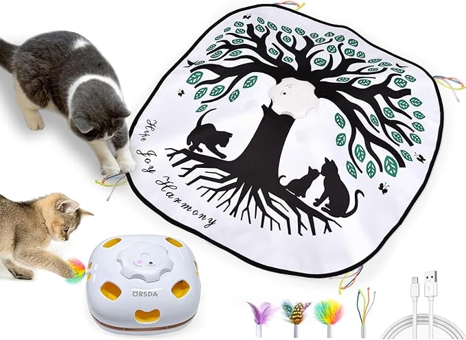 ORSDA Cat Toys for Indoor Cats 4 in 1 Interactive Automatic Cat Toys for Bored Indoor Adult Cats Kitten Toy Rechargeable 8 Hole Mice Whack-A-Mole, Hide and Seek, Moving Feather, 5PCS DIY Replacement