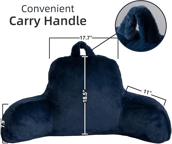 A Nice Night Faux Fur Soft Reading Pillow Bed Wedge Adult Backrest with Arms Back Support for Sitting Up in Bed/Couch for Bedrest,Navy,Large
