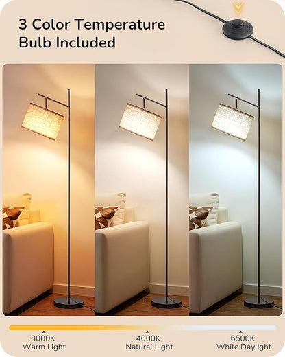 EDISHINE Modern Floor Lamps for Living Room, 64.7" Minimalist Standing Lamp with 3 Color Temperatures Bulb & Adjustable Linen Shade, Foot Pedal Switch, Arc Tall Lamp for Bedroom Office, Black