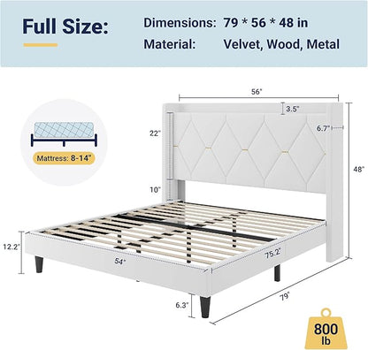 Allewie Velvet Full Size Upholstered Bed Frame with Wingback Storage Headboard & Charging Station, Platform Bed with Diamond Tufted Design & Gold Trim, No Box Spring Needed, Easy Assembly, White