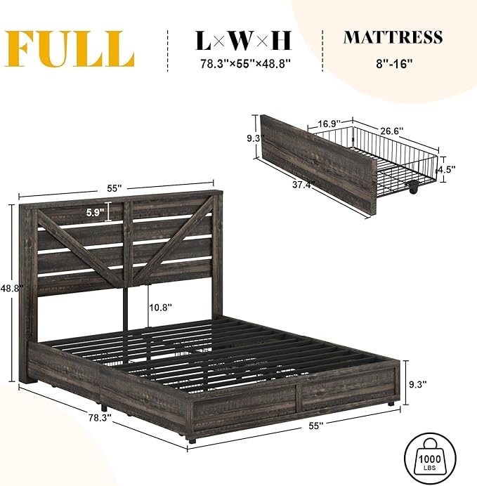 AMERLIFE Full Size Farmhouse Bed Frame with 4 Drawers, Wooden Storage Bed Frame with Headboard and Heavy Duty Metal Slats, Noisy Free, Easy Assemble, Rustic Black