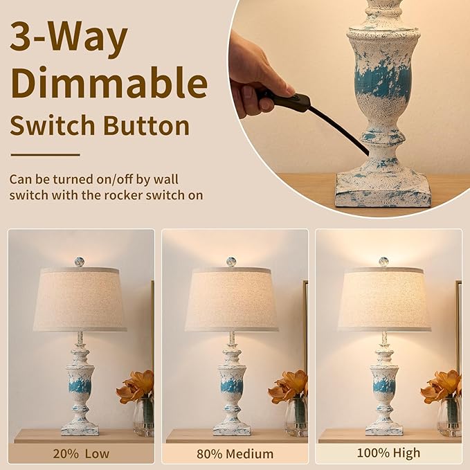 23" Farmhouse Table Lamps Set of 2, 3 Way Dimmable Lamps with 2 LED Bulbs and Rocker Switch, Vintage Nightstand Lamp for Bedroom Living Room Office End Table Entryway, Washed Blue