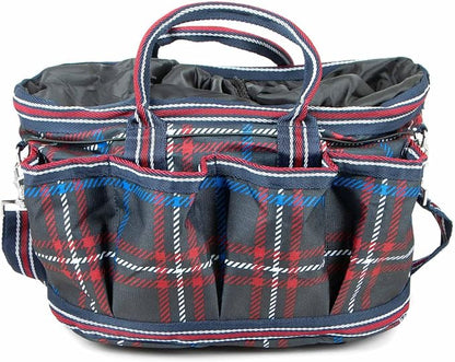 Jeffers Poplar Head Grooming Bag – Horse Grooming Organizer Tote with Pockets for Brushes, Tools, Clippers, Shampoo, Detangler – Stable Barn Kit Carrier for Horses, Pets, Navy & Merlot Plaid