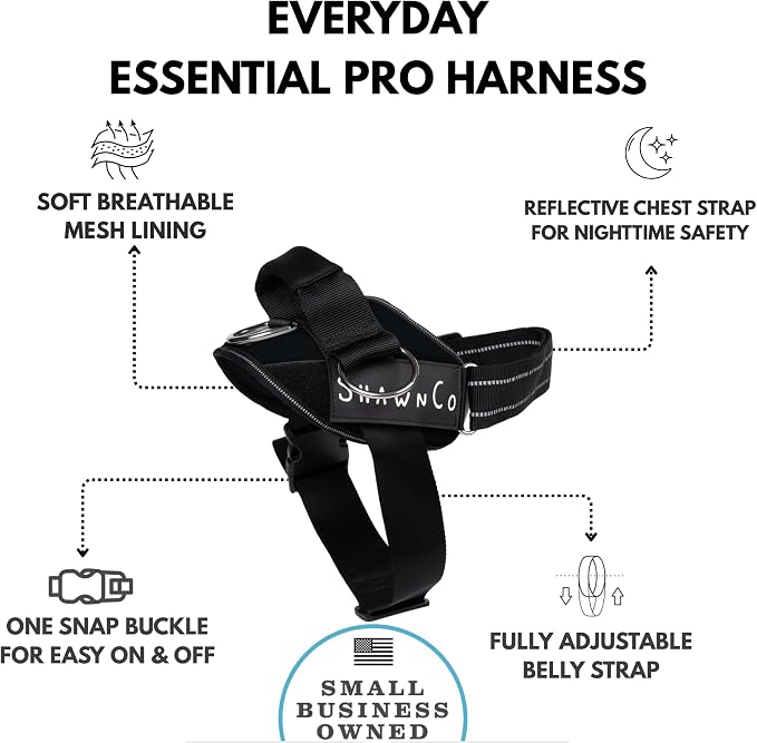 ShawnCo Essential Pro Dog Harness, No-Pull Pet Vest with 3 Leash Clips and Removable, Reflective Side Patches, Adjustable and Padded Harness for Small, Medium and Large Dogs (Midnight, L)