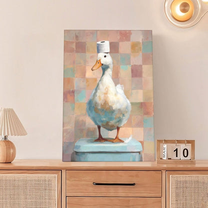 Funny Duck Bathroom Wall Art Cute Duck on Toilet Canvas Wall Decor Funny Quirky Farm Animal Pictures Painting Print Framed Artwork Decorations Gifts for Bathroom 16"x24"