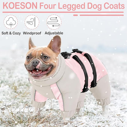 KOESON Four Legged Winter Coat, Warm Dog Jacket with Adjustable Buckles, Turtleneck Windproof Fleece Jackets, Reflective Fullbody Snowsuit Puffer Coat Pink Grey L