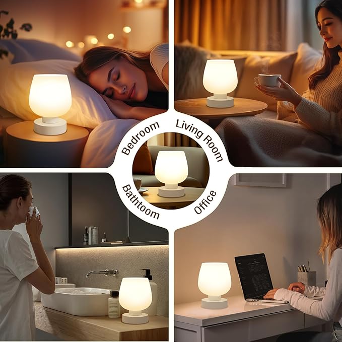 Touch Table Lamp for Nightstand - Small Bedside Lamp for Bedroom Living Room Night Stands, Desk Lamp with White Glass Shade for Small Spaces, 3 Way Dimmable, LED Bulbs, Gifts