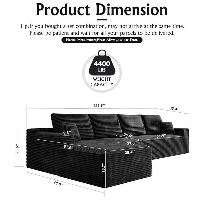 3-Piece Boneless Modular Sectional Sofa, Cloud Couch with Left Facing Chaise, Oversized Deep Seat, Soft Corduroy Fabric, Sectional Couch for Living Room-Black