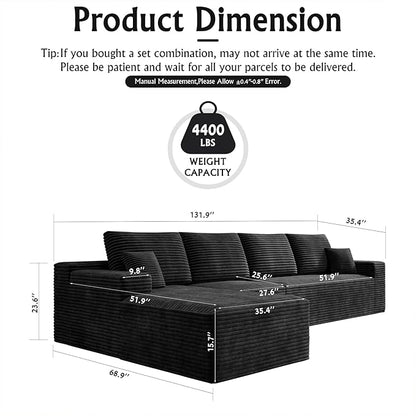 3-Piece Boneless Modular Sectional Sofa, Cloud Couch with Left Facing Chaise, Oversized Deep Seat, Soft Corduroy Fabric, Sectional Couch for Living Room-Black