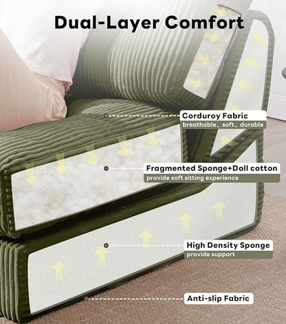 Tbfit Folding Sofa Bed, Convertible Sleeper Chair with Large Pillow, Corduroy Folding Couch Bed, Portable & Foldable Mattress Boneless Floor Sofa for Living Room, Bedroom, Office, Green, Single